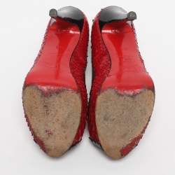 Pre Owned Christian Louboutin Red/Black Python Leather Bow Very Prive Peep-Toe Pumps Size 36.5