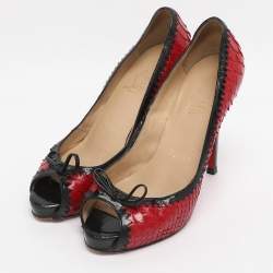 Pre Owned Christian Louboutin Red/Black Python Leather Bow Very Prive Peep-Toe Pumps Size 36.5