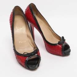 Pre Owned Christian Louboutin Red/Black Python Leather Bow Very Prive Peep-Toe Pumps Size 36.5