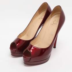 Pre Owned Christian Louboutin Burgundy Patent Leather Altadama Platform Peep Toe Pumps Size 36.5
