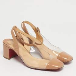 Pre Owned Christian Louboutin Beige Patent Leather and PVC Asticocotte Block Heel Pumps Size 40
