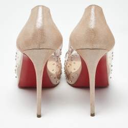 Pre Owned Christian Louboutin Metallic Beige Suede and PVC Very Strass Pumps Size 36