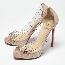 Pre Owned Christian Louboutin Metallic Beige Suede and PVC Very Strass Pumps Size 36