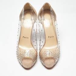 Pre Owned Christian Louboutin Metallic Beige Suede and PVC Very Strass Pumps Size 36