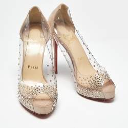 Pre Owned Christian Louboutin Metallic Beige Suede and PVC Very Strass Pumps Size 36
