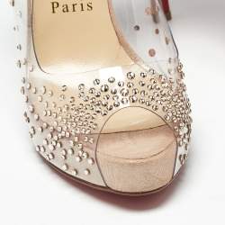 Pre Owned Christian Louboutin Metallic Beige Suede and PVC Very Strass Pumps Size 36