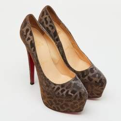 Pre Owned Christian Louboutin Metallic Lurex Fabric Leopard Print Daffodile Platform Pumps Size 38.5