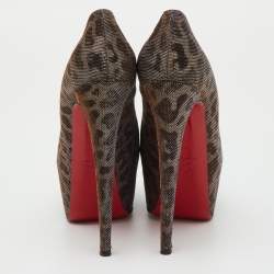 Pre Owned Christian Louboutin Metallic Lurex Fabric Leopard Print Daffodile Platform Pumps Size 38.5