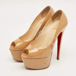 Pre Owned Christian Louboutin Beige Patent  Highness Peep Toe Pumps Size 37.5