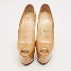 Pre Owned Christian Louboutin Beige Patent  Highness Peep Toe Pumps Size 37.5
