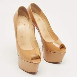 Pre Owned Christian Louboutin Beige Patent  Highness Peep Toe Pumps Size 37.5