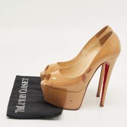 Pre Owned Christian Louboutin Beige Patent  Highness Peep Toe Pumps Size 37.5