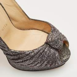Pre Owned Christian Louboutin Grey Glitter Jenny Knotted Slingback Sandals Size 38