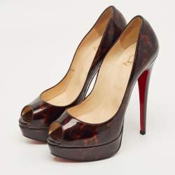 Pre Owned Christian Louboutin Black/Brown Patent Leather Lady Peep Toe Pumps Size 38