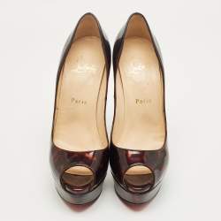 Pre Owned Christian Louboutin Black/Brown Patent Leather Lady Peep Toe Pumps Size 38