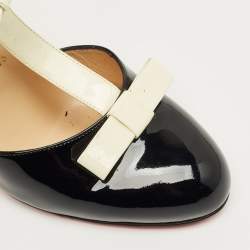 Pre Owned Christian Louboutin Black/Off White Patent Leather T Strap Pumps Size 38