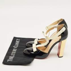 Pre Owned Christian Louboutin Black/Off White Patent Leather T Strap Pumps Size 38
