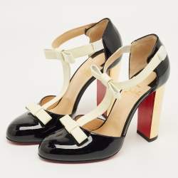 Pre Owned Christian Louboutin Black/Off White Patent Leather T Strap Pumps Size 38