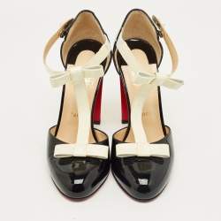 Pre Owned Christian Louboutin Black/Off White Patent Leather T Strap Pumps Size 38