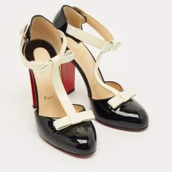 Pre Owned Christian Louboutin Black/Off White Patent Leather T Strap Pumps Size 38
