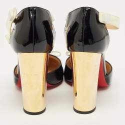 Pre Owned Christian Louboutin Black/Off White Patent Leather T Strap Pumps Size 38