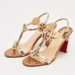 Pre Owned Christian Louboutin Gold/Beige Snakeskin Embossed Leather and Suede Kaleitop Sandals Size 36.5