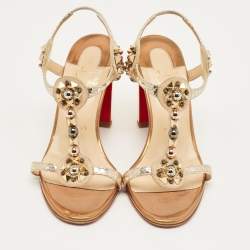 Pre Owned Christian Louboutin Gold/Beige Snakeskin Embossed Leather and Suede Kaleitop Sandals Size 36.5