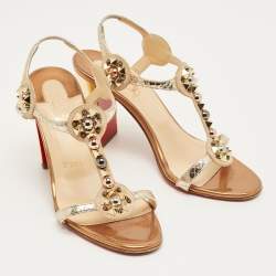 Pre Owned Christian Louboutin Gold/Beige Snakeskin Embossed Leather and Suede Kaleitop Sandals Size 36.5