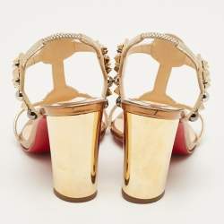 Pre Owned Christian Louboutin Gold/Beige Snakeskin Embossed Leather and Suede Kaleitop Sandals Size 36.5