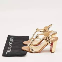 Pre Owned Christian Louboutin Gold/Beige Snakeskin Embossed Leather and Suede Kaleitop Sandals Size 36.5