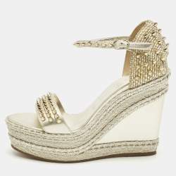 Pre Owned Christian Louboutin Metallic Gold Leather and Raffia Madmonica Espadrille Sandals Size 38