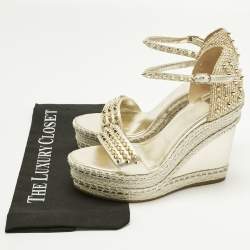 Pre Owned Christian Louboutin Metallic Gold Leather and Raffia Madmonica Espadrille Sandals Size 38