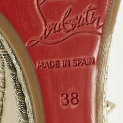 Pre Owned Christian Louboutin Metallic Gold Leather and Raffia Madmonica Espadrille Sandals Size 38