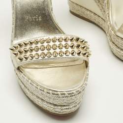 Pre Owned Christian Louboutin Metallic Gold Leather and Raffia Madmonica Espadrille Sandals Size 38