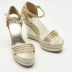 Pre Owned Christian Louboutin Metallic Gold Leather and Raffia Madmonica Espadrille Sandals Size 38