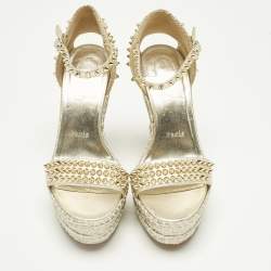 Pre Owned Christian Louboutin Metallic Gold Leather and Raffia Madmonica Espadrille Sandals Size 38