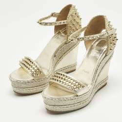 Pre Owned Christian Louboutin Metallic Gold Leather and Raffia Madmonica Espadrille Sandals Size 38