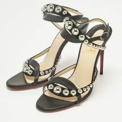 Pre Owned Christian Louboutin Black Leather Studded Galeria Slingback Sandals Size 39.5
