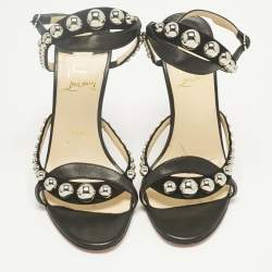 Pre Owned Christian Louboutin Black Leather Studded Galeria Slingback Sandals Size 39.5