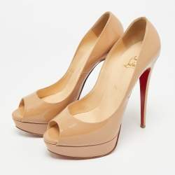 Pre Owned Christian Louboutin Beige Patent Leather Lady Peep Peep Toe Pumps Size 40