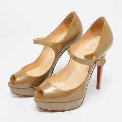 مملوكة مسبقًا حذاء كريستيان لوبوتان ماري جين مقدمة مفتوحة زيبا جلد أسود لامع مقاس 37.5