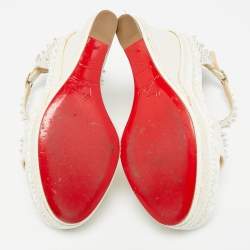 Pre Owned Christian Louboutin Ivory Leather and Woven Fabric Madmonica Spiked Espadrille Wedge Sandals Size 37