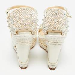 Pre Owned Christian Louboutin Ivory Leather and Woven Fabric Madmonica Spiked Espadrille Wedge Sandals Size 37