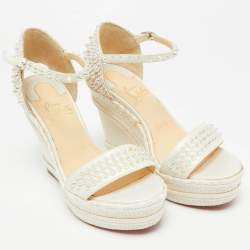Pre Owned Christian Louboutin Ivory Leather and Woven Fabric Madmonica Spiked Espadrille Wedge Sandals Size 37