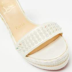 Pre Owned Christian Louboutin Ivory Leather and Woven Fabric Madmonica Spiked Espadrille Wedge Sandals Size 37