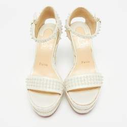 Pre Owned Christian Louboutin Ivory Leather and Woven Fabric Madmonica Spiked Espadrille Wedge Sandals Size 37