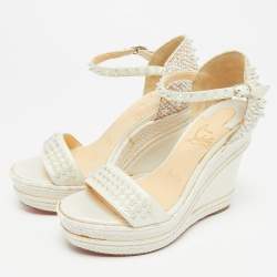 Pre Owned Christian Louboutin Ivory Leather and Woven Fabric Madmonica Spiked Espadrille Wedge Sandals Size 37