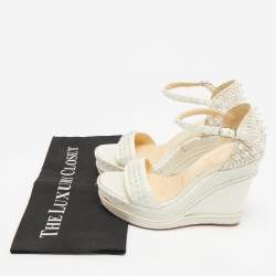 Pre Owned Christian Louboutin Ivory Leather and Woven Fabric Madmonica Spiked Espadrille Wedge Sandals Size 37