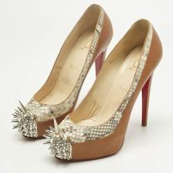 Pre Owned Christian Louboutin Brown Leather and Python Asteroid Spike Platform Pumps Size 41