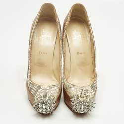 Pre Owned Christian Louboutin Brown Leather and Python Asteroid Spike Platform Pumps Size 41
